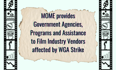 MOME Provides Listings of Agencies, Programs and Assistance to Vendors affected by WGA Strike - film strips with icons of debt and financial burden in frames