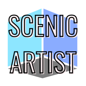 Scenic Artist jobs, Scenic Department Manager jobs, Hire a Scenic Artist. ISO Scenic Artist, Logo with text & Scenic Artist" on geometric background.