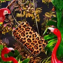 Leopard print purse with flamingos and parrots.