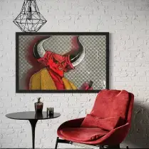 Modern art with red devil on wall.
